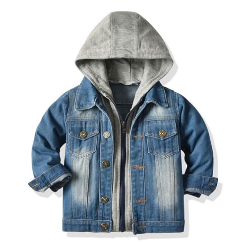 linboo Kinder Jungen Jeansjacke mit Kapuze Zwei Gefälschte Hoodies Frühlingsjacke Wärme übergangsjacke Outdoorjacke Denim Mantel, Einfarbige Graue Kapuze, 116(Herstellergröße: 120) von linboo
