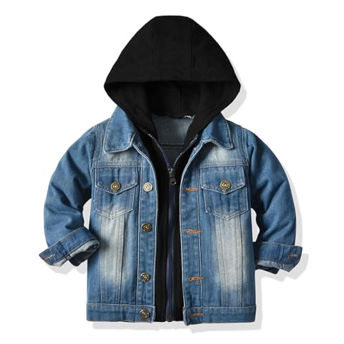 linboo Kinder Jungen Jeansjacke mit Kapuze Zwei Gefälschte Hoodies Frühlingsjacke Wärme übergangsjacke Outdoorjacke Denim Mantel, Einfarbige Schwarze Kapuze, 122-128(Herstellergröße: 130) von linboo