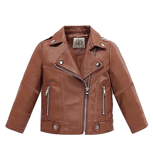 linboo Kinder Jungen Lederjacke Mantel Kragen Motorrad Bikerjacke aus Kunstleder übergangsjacke Frühling Herbst, Gelb, 128 von linboo