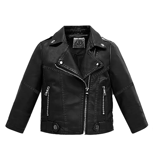 linboo Kinder Jungen Lederjacke Mantel Kragen Motorrad Bikerjacke aus Kunstleder übergangsjacke Frühling Herbst, Schwarz, 116-122 von linboo