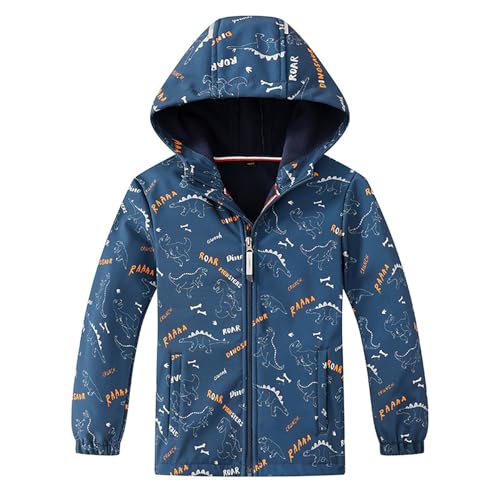 linboo Kinder Jungen Softshelljacke Frühling und Herbst Jacke Übergangsjacke Fleecefütterung Warm Atmungsaktiv Winddicht Outdoorjacke mit Kapuze, Tiefblau, 122-128(Herstellergröße: 140) von linboo