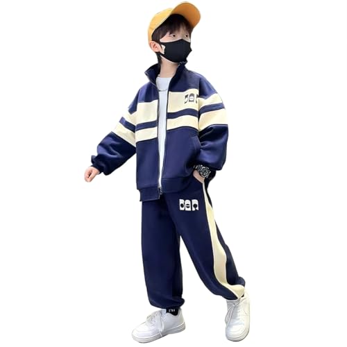 linboo Kinder Jungen Sport Kleidung Set Jogginganzug Sportanzug Zweiteiler Jacke und Hose Trainingsanzug Freizeitanzug, Blau, 116-122(Herstellergröße: 130) von linboo
