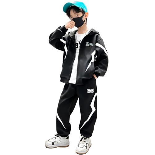 linboo Kinder Jungen Trainingsanzug Bekleidungsset 2tlg Sweatjacke mit Kapuze + Sporthose Jogginganzug Sportanzug Freizeitanzug, Schwarz/Weiß, 134-140 von linboo
