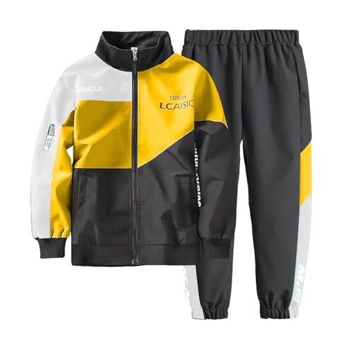linboo Kinder Jungen Trainingsanzug Farbblock Jogginganzug Freizeitanzug Sport Bekleidungsset 2tlg Sweat-Jacke + Jogginghose Polyester, Gelb, 122-128 von linboo