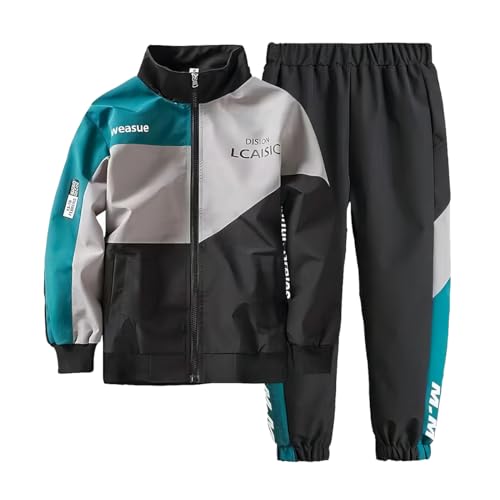 linboo Kinder Jungen Trainingsanzug Farbblock Jogginganzug Freizeitanzug Sport Bekleidungsset 2tlg Sweat-Jacke + Jogginghose Polyester, Grün, 152-158 von linboo