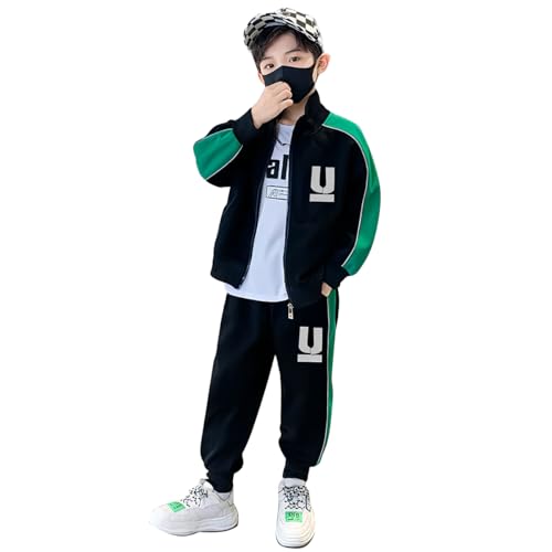linboo Kinder Jungen Trainingsanzug Jogginganzug 2tlg Sweatjacke und Jogginghose Frühling und Herbst Bekleidungsset Freizeitanzug, Schwarz, 146 von linboo