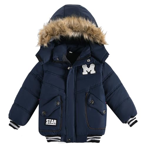 linboo Kinder Jungen Winterjacke mit Fleece Gefüttert Wintermantel Warm Winddichte Gesteppte Parka Mäntel Outdoor Kapuzenjacke, Blau, 104-110(Herstellergröße: 110) von linboo