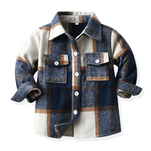 linboo Kinder Kariertes Hemd Langarmshirt Jungen Flanellhemd Freizeithemden Kindermantel Mädchen Übergangsjacke Frühling und Herbst, Dunkelblau, 116 von linboo