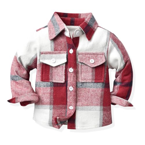 linboo Kinder Kariertes Hemd Langarmshirt Jungen Flanellhemd Freizeithemden Kindermantel Mädchen Übergangsjacke Frühling und Herbst, Weinrot, 122-128 von linboo