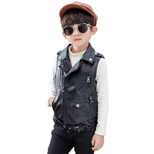 linboo Kinder Leder Weste Motorrad Kragen Lederimitat Jacke Jungen Mädchen Lederjacke Bomberjacke aus Kunstleder Ärmellos, Schwarz, 122-128 von linboo