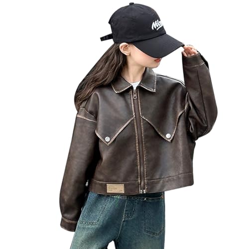 linboo Kinder Lederjacke Mädchen Jacke Frühling Herbst Kunstlederjacke Lässige Motorrad Bikerjacke übergangsjacke, Braun, 152(Herstellergröße: 160) von linboo