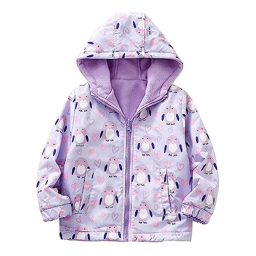 linboo Kinder Mädchen Jacke mit Fleecefütterung Warm Softshelljacke Übergangsjacke Atmungsaktiv Winddich Kapuzenjacke Fleecejacke, Lila+Pinguin, 146-152 von linboo