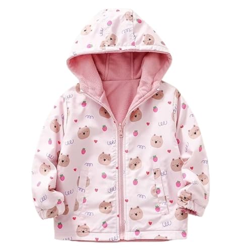linboo Kinder Mädchen Jacke mit Fleecefütterung Warm Softshelljacke Übergangsjacke Atmungsaktiv Winddich Kapuzenjacke Fleecejacke, Rosa Bär, 116 von linboo
