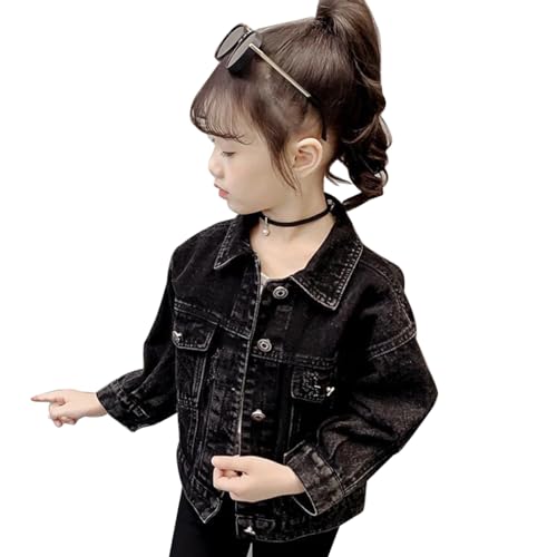 linboo Kinder Mädchen Jeansjacke übergangsjacke Frühling Herbst Denim Mantel Individualistisch, Schwarz bestickt, 122-128 von linboo