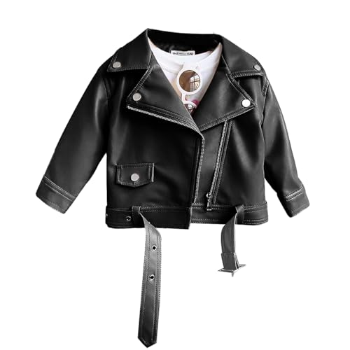 linboo Kinder Mädchen Lederjacke Mantel Kragen Motorrad Bikerjacke aus Kunstleder übergangsjacke Frühling Herbst, Schwarz 01, 104-110 von linboo