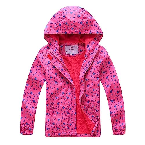 linboo Kinder Mädchen Softshell Jacke mit Fleecefütterung Übergangsjacke Winddicht Regenjacke Wasserdicht Kapuzenjacke Windjacke, Rosa, 122-128 von linboo