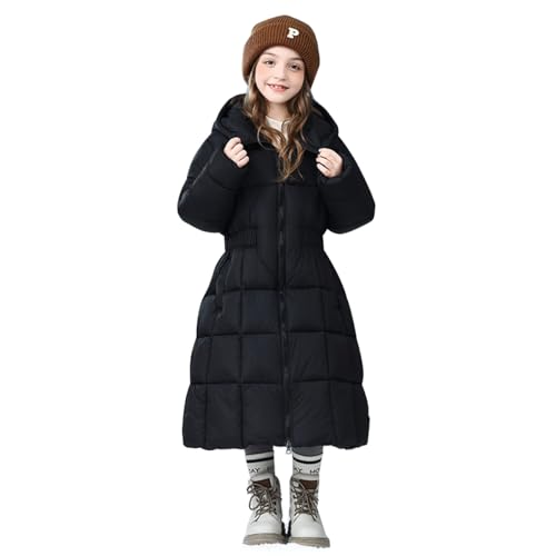 linboo Kinder Mädchen Wintermantel Lange Winter Jacke mit Kapuze Warm Mantel Outdoorjacke Dicke Steppjacke Winddicht Parka, Schwarz, 134-140(Herstellergröße: 140) von linboo