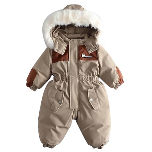 linboo Kinder Schneeanzug Winter Overall mit Kapuze Skianzug Jungen Mädchen Warm Verdickt Strampler Outfits, Khaki, 100 von linboo