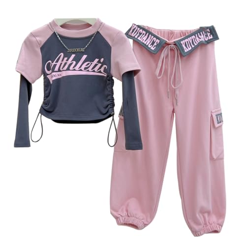 linboo Kinder Sportanzug Mädchen 2tlg Hip Hop Kleidung Gefälschte Zwei Langärmshirt und Sporthose Jogginganzug Kinder Sportkleidung, Grau, 128 von linboo