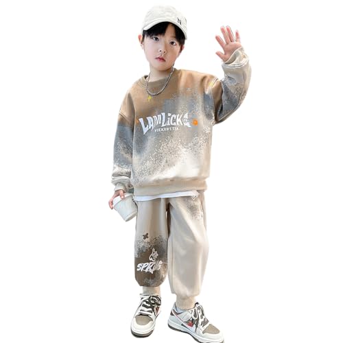 linboo Kinder Sportbekleidung Jungen Trainingsanzug Jogginganzug Dance Set Langarm Hoodie + Sporthose Freizeitanzug, Braun, 146-152 von linboo