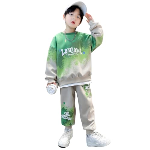 linboo Kinder Sportbekleidung Jungen Trainingsanzug Jogginganzug Dance Set Langarm Hoodie + Sporthose Freizeitanzug, Grün, 116 von linboo