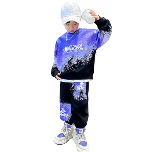 linboo Kinder Sportbekleidung Jungen Trainingsanzug Jogginganzug Dance Set Langarm Hoodie + Sporthose Freizeitanzug, Violett, 134-140 von linboo