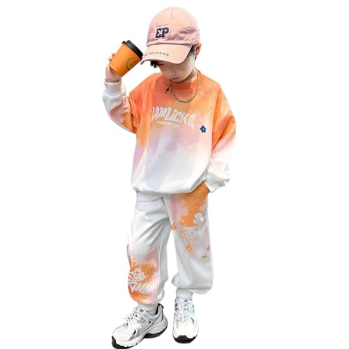 linboo Kinder Sportbekleidung Jungen Trainingsanzug Jogginganzug Dance Set Langarm Hoodie + Sporthose Freizeitanzug, Orange, 134-140 von linboo