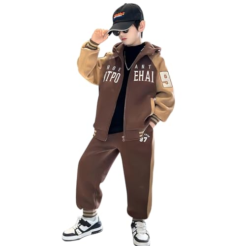 linboo Kinder Trainingsanzug Jungen Jogginganzug 2tlg Sweatjacke mit Kapuze und Hose Hoodie Sports Jogging Suit Freizeitset, Braun, 134-140 von linboo