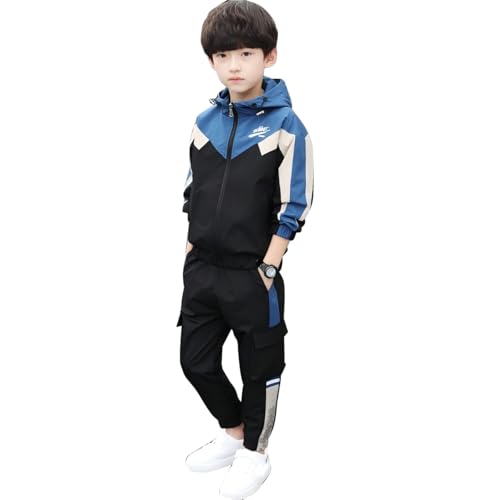 linboo Kinder Trainingsanzug Jungen Sport Set 2tlg Jogging Bekleidungsset Sportanzug Freizeitanzug Langen ärmeln Sweat-Jacke mit Kapuze + Sporthose, Blau, 164(Herstellergröße: 170) von linboo