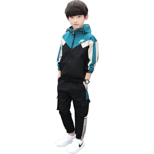 linboo Kinder Trainingsanzug Jungen Sport Set 2tlg Jogging Bekleidungsset Sportanzug Freizeitanzug Langen ärmeln Sweat-Jacke mit Kapuze + Sporthose, Grün, 134-140(Herstellergröße: 140) von linboo