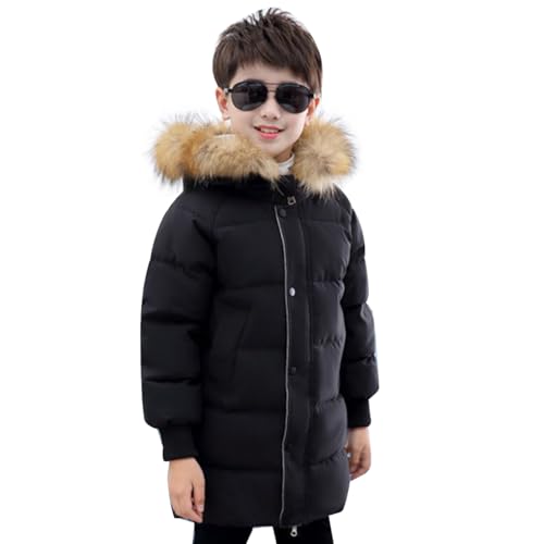 linboo Kinder Winterjacke Jungen Mädchen Warm Gefüttert Jacke mit Fellkapuze Wintermantel Lange Winterparka Winddicht Freizeit Parka, Schwarz, 128-134(Herstellergröße: 140) von linboo
