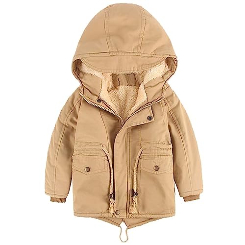 linboo Kinder Winterjacke Jungen Mädchen Warm Gefütterte Blouson Hoodie Dicke Mantel Parka Baby Wintermäntel, Khaki, 134-140(Etikettengröße: 140) von linboo