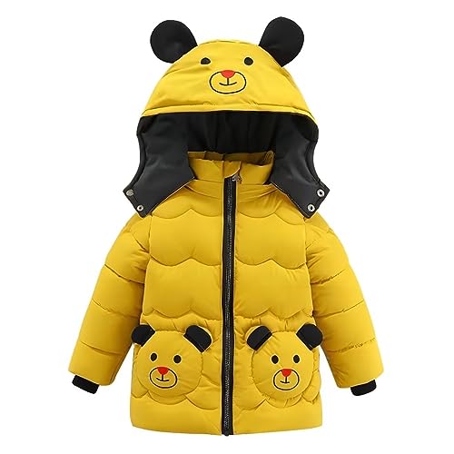 linboo Kinder Winterjacke Jungen Wintermantel Steppjacke mit Abnehmbare Kapuze Warme Parka Jacke mit 3D Cartoon-Bär Verdickte Outdoorjacke, Gelb, 116-122 von linboo