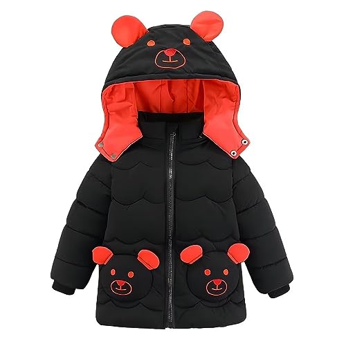 linboo Kinder Winterjacke Jungen Wintermantel Steppjacke mit Abnehmbare Kapuze Warme Parka Jacke mit 3D Cartoon-Bär Verdickte Outdoorjacke, Schwarz/Rot, 116-122 von linboo