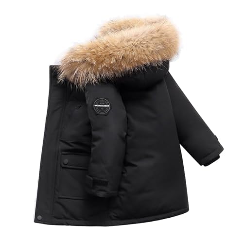 linboo Kinder Winterjacke Jungen Wintermantel mit Fellkapuze Warm Parka Jacke Steppjacke Winddichte Outdoor Jacke, Schwarz, 134-140(Herstellergröße: 140) von linboo