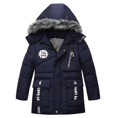 linboo Kinder Winterjacke Jungen Wintermantel mit Fleece Gefüttert Warm Baumwolljacke Dicke Blouson mit Fellkapuze Outdoor Steppjacken Outerwear, Blau, 98(Herstellergröße: 100) von linboo