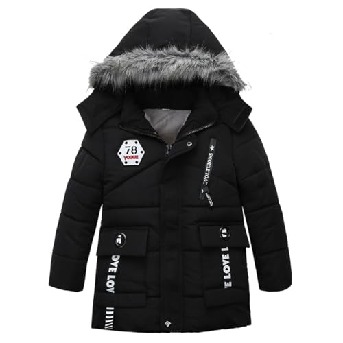 linboo Kinder Winterjacke Jungen Wintermantel mit Fleece Gefüttert Warm Baumwolljacke Dicke Blouson mit Fellkapuze Outdoor Steppjacken Outerwear, Schwarz, 86-92(Herstellergröße: 90) von linboo