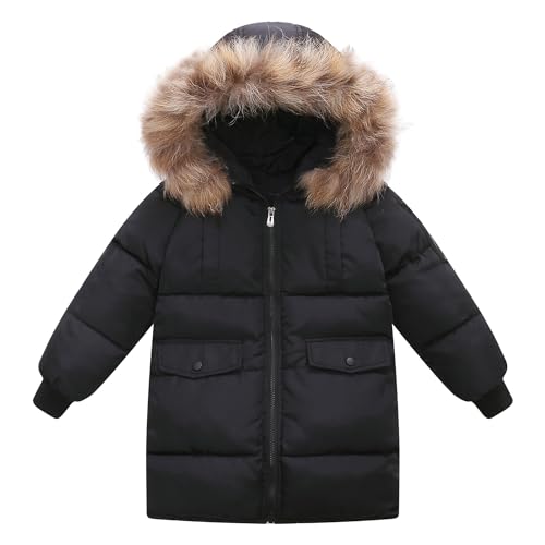 linboo Kinder Winterjacke Jungen Wintermantel mit Kapuze Parka Baumwolljacke Lange Jacke Mantel Warme Winddichtes Winterparka, Schwarz, 122-128 von linboo