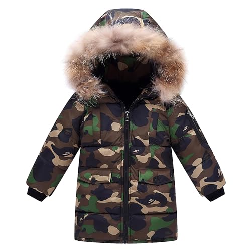 linboo Kinder Winterjacke Jungen Wintermantel mit Kapuze Parka Baumwolljacke Lange Jacke Mantel Warme Winddichtes Winterparka, Tarnung, 134-140 von linboo