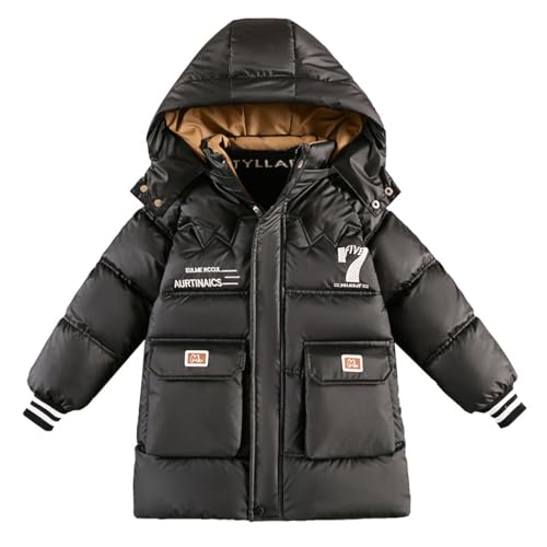 linboo Kinder Winterjacke Jungen Wintermantel mit Kapuze Winddicht Warme Parka Jacke Outdoor Kapuzenjacke Dicke Steppjacke, Schwarz, 116-122(Herstellergröße: 120) von linboo