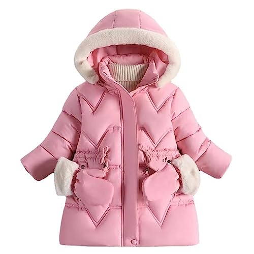 linboo Kinder Winterjacke Mädchen Jacke Gefüttert Warme Wintermantel Outdoor Kapuzenjacke Winddicht Parka mit Plüschhandschuhen Steppjacke, Rosa, 122-128(Etikettengröße: 130) von linboo