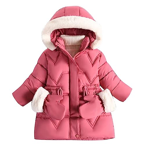 linboo Kinder Winterjacke Mädchen Jacke Gefüttert Warme Wintermantel Outdoor Kapuzenjacke Winddicht Parka mit Plüschhandschuhen Steppjacke, Rosenrot, 104-110 von linboo