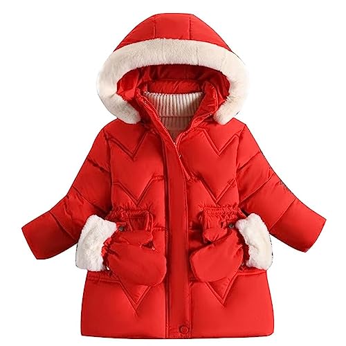 linboo Kinder Winterjacke Mädchen Jacke Gefüttert Warme Wintermantel Outdoor Kapuzenjacke Winddicht Parka mit Plüschhandschuhen Steppjacke, Rot, 104-110(Etikettengröße: 110) von linboo