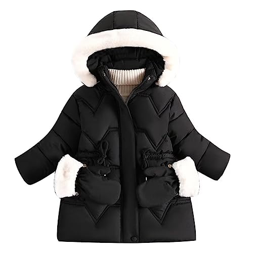 linboo Kinder Winterjacke Mädchen Jacke Gefüttert Warme Wintermantel Outdoor Kapuzenjacke Winddicht Parka mit Plüschhandschuhen Steppjacke, Schwarz, 92-98(Etikettengröße: 100) von linboo