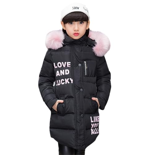 linboo Kinder Winterjacke Mädchen Parka Baumwolljacke Wintermantel mit Fellkapuze Warme Dicke Steppjacke Winddichtes Winterparka Gedruckt Buchstaben, Schwarz, 146-152(Herstellergröße: 150) von linboo