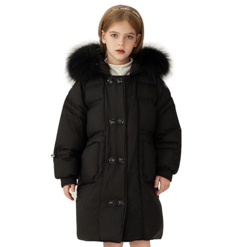 linboo Kinder Winterjacke Mädchen Parka Mäntel mit Fellkapuze Warme Lang Wintermantel Dicke Jacke Outdoor Kapuzenjacke Winddicht Winterparka, Schwarz, 146-152(Herstellersgröße: 150) von linboo