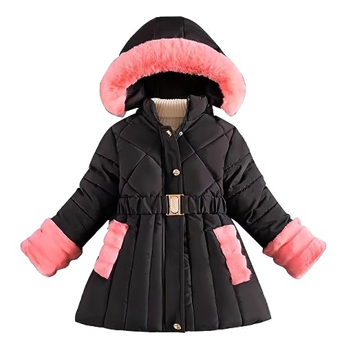 linboo Kinder Winterjacke Mädchen Steppjacke Gefüttert Jacke Outdoor Winddicht Parka Warme Prinzessin Wintermantel Mit Abnehmbare Fellkapuze, Schwarz, 146-152 von linboo