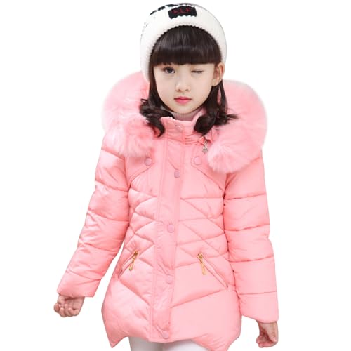 linboo Kinder Winterjacke Mädchen Warm Gefüttert Jacke mit Fellkapuze Wintermantel Winddichte Gesteppte Parka Mäntel Outdoor Steppjacken, Rosa, 128(Herstellergröße: 130) von linboo