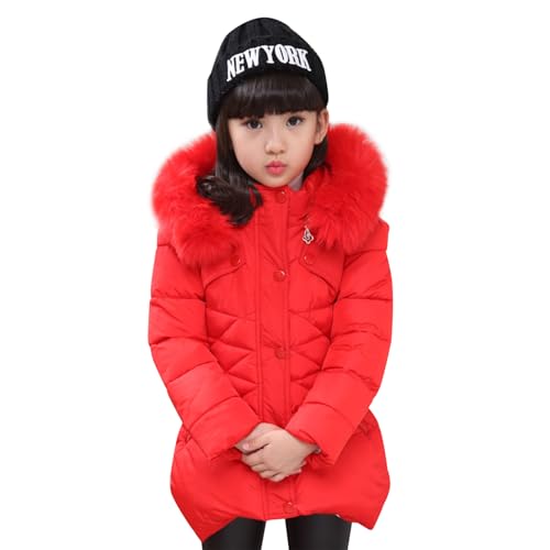 linboo Kinder Winterjacke Mädchen Warm Gefüttert Jacke mit Fellkapuze Wintermantel Winddichte Gesteppte Parka Mäntel Outdoor Steppjacken, Rot, 128(Herstellergröße: 130) von linboo