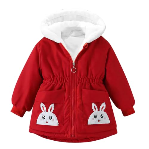 linboo Kinder Winterjacke Mädchen Wintermantel Fleecefütterung Warm Parka Jacke mit Niedliche Kapuze Windjacke Outdoor Mantel, Rot 02#, 92-98 von linboo